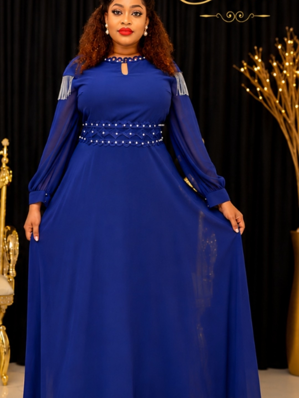 Elegant Royal Blue Long Sleeve Maxi Dress with Beaded Waist